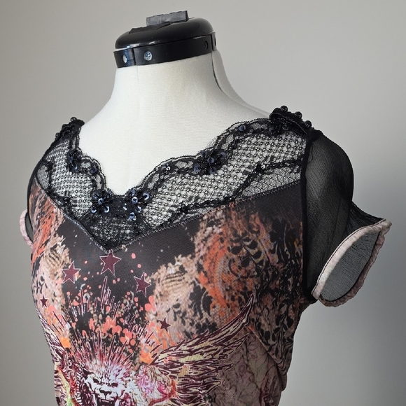 NESS Embellished Graphic Top – Gothic lion Print with Mesh & Sequins – Size S - Picture 2 of 13